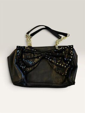 Betsey Johnson Glam Black Shoulder Bag Oversized Sparkle Bow XOX Betsey Lining